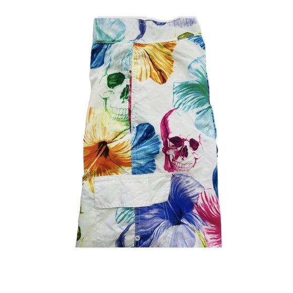 Men's Swim Trunks Hibiscus Floral and Skulls Board Shorts Pockets Mesh Lined 38 - Picture 4 of 6